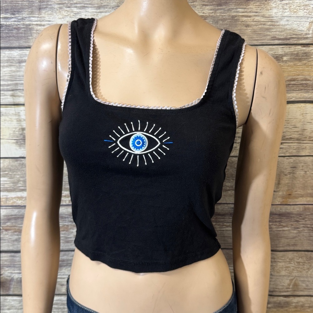 Evil Eye Tank Top S Small Black Blue White Lace Trim Crop Festival‎ Concert Boho